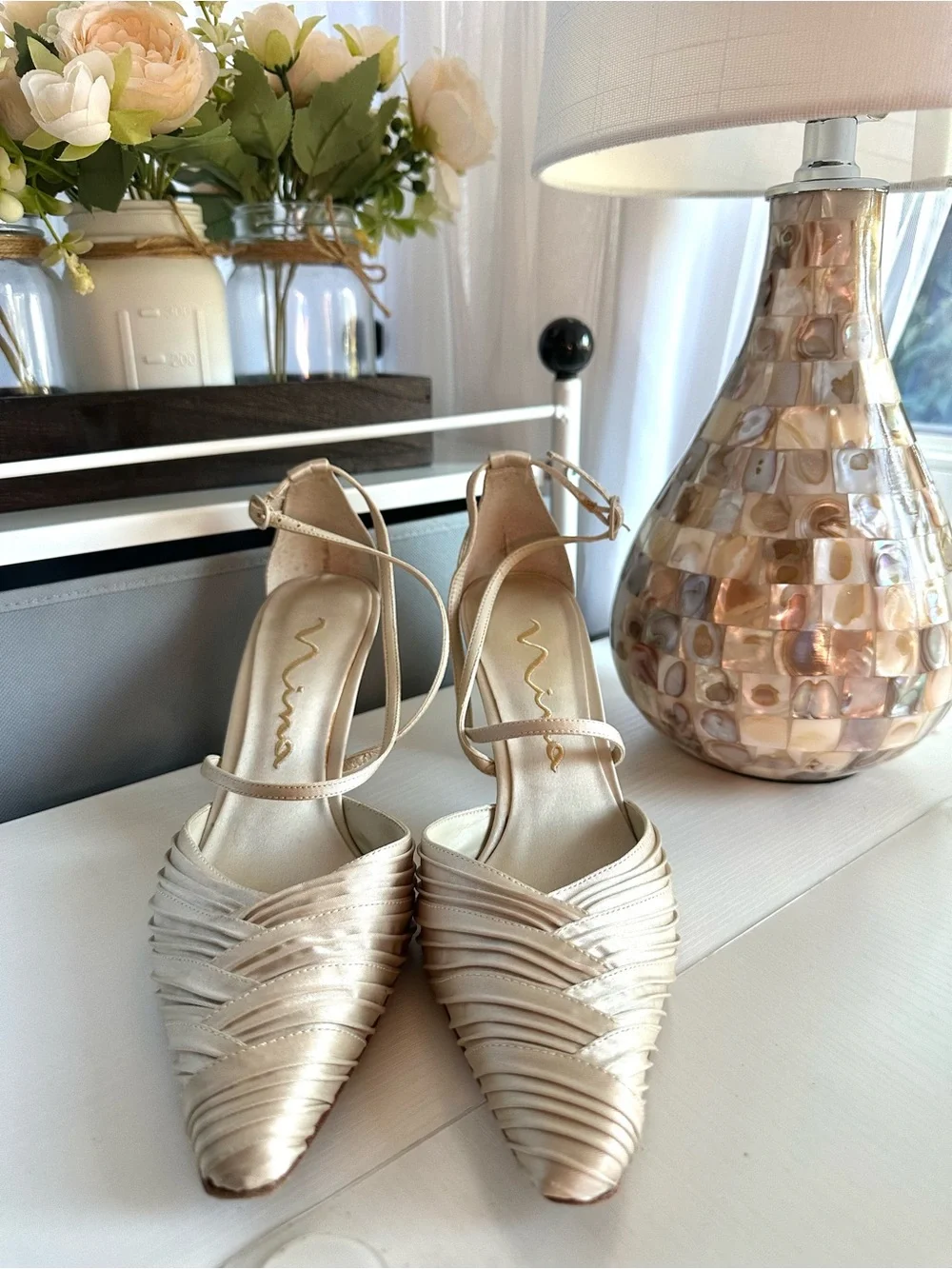 Nina Champagne Satin Pleated Pointed Toe Heels Size 8 1/2